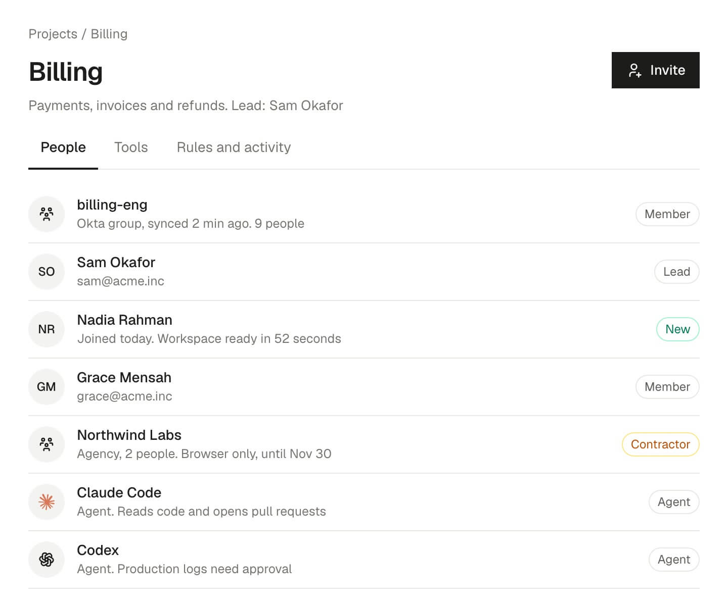 The Billing project's people: an Okta group, the lead, a new engineer, a contractor agency and two coding agents