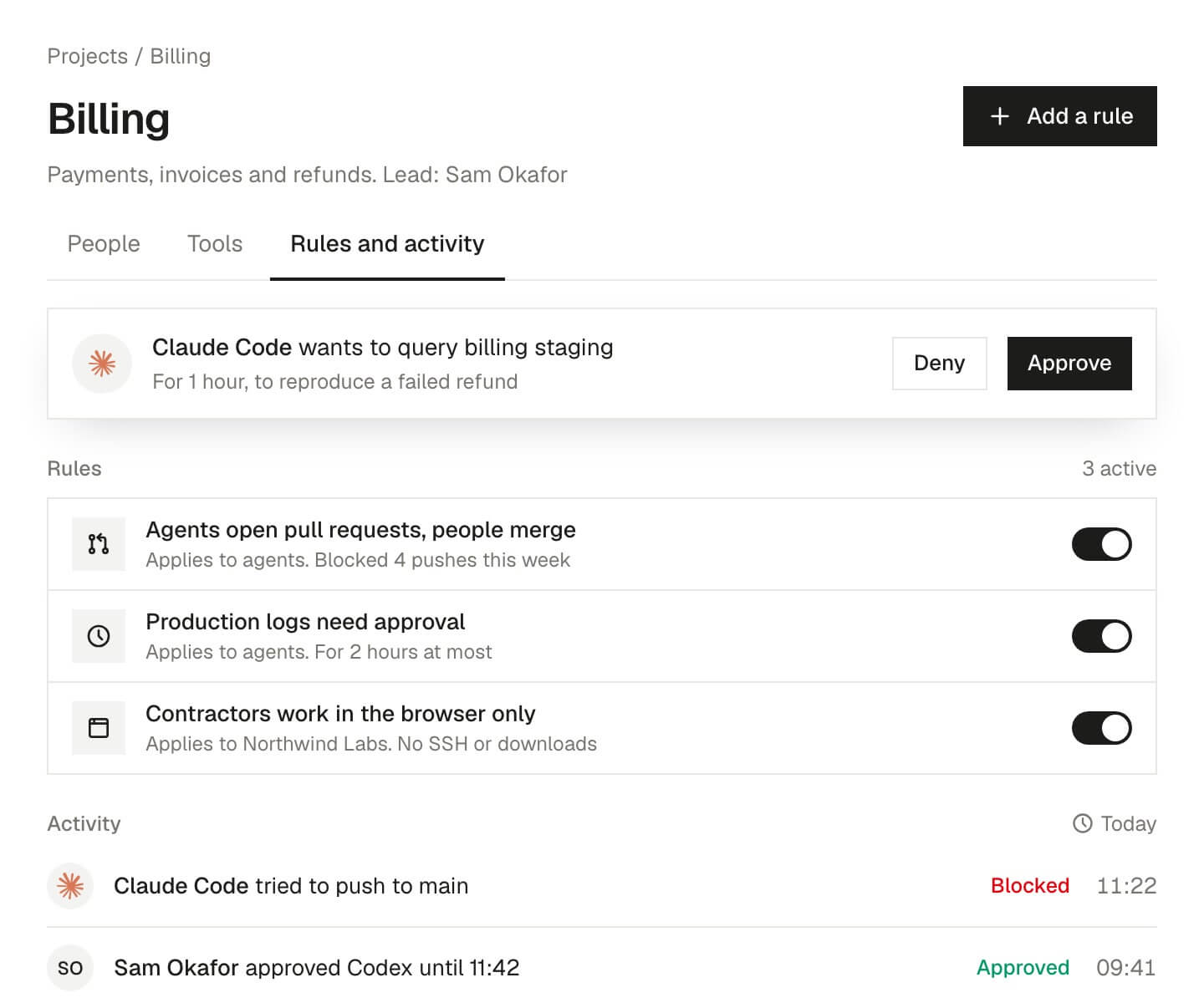 The Billing project's rules and activity: agents open pull requests, production logs need approval, and recent approvals and denials